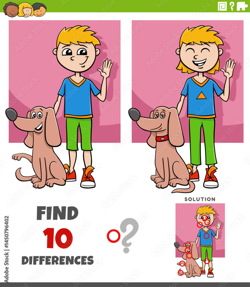 differences puzzle with cartoon boy and his dog