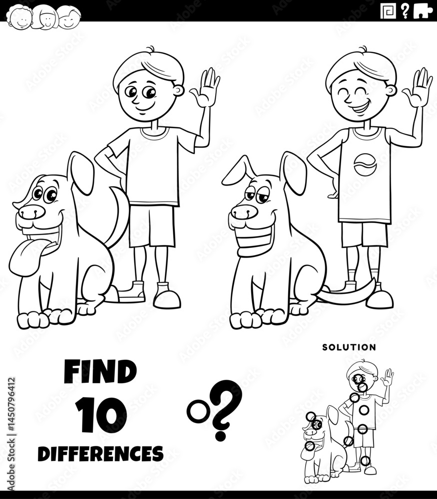 differences puzzle with happy cartoon boy and his dog coloring page