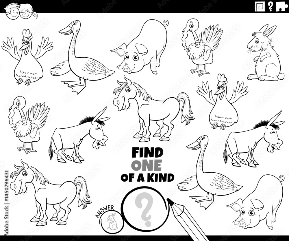 one of a kind puzzle with cartoon farm animal characters coloring page