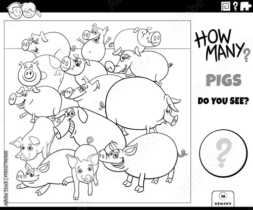 counting cartoon pigs farm animal characters educational puzzle coloring page