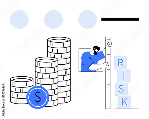 Stacked coins with a dollar sign and a man measuring RISK blocks highlight financial planning, risk assessment, business evaluation, strategy, wealth management, decision-making, and a simple landing