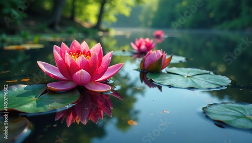 Intricate floral pattern reflected on calm lake surface, aesthetic, lake