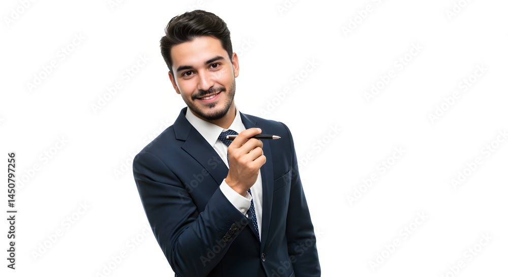 A professional businessman in a suit holding a pen, exuding confidence and readiness for work. A professional businessman in a suit holding a pen, exuding confidence and readiness for work.
