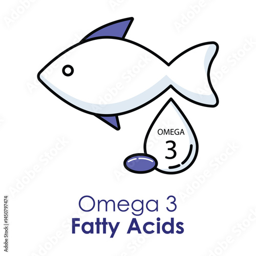Vector icon for Omega-3 fatty acids. Displays an omega symbol with a drop, representing heart health, brain function, and essential nutrients.