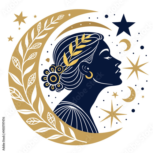 A celestial, ethereal woman, bathed in moonlight, encircled by a swirling nebula of stars and crescent moons.  Intricate line art style.