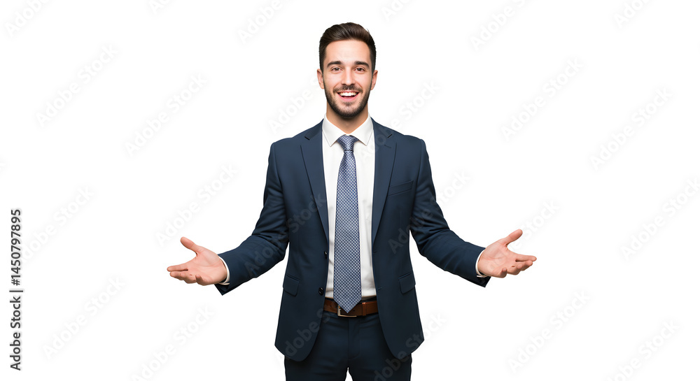 A smiling businessman in a suit with open arms, exuding confidence and welcoming gestures.