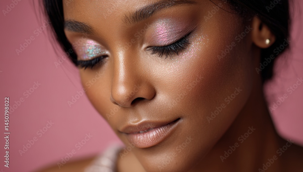 Woman with iridescent eyeshadow, soft skin, and closed eyes on a pink background Woman with iridescent eyeshadow, soft skin, and closed eyes on a pink background