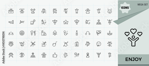 Enjoy icon set. Included celebrate, entertain, birthday, festival, entertainment, celebration, joy and more. Minimal icons collection. Editable vector art and illustration. Enjoy line icon set.