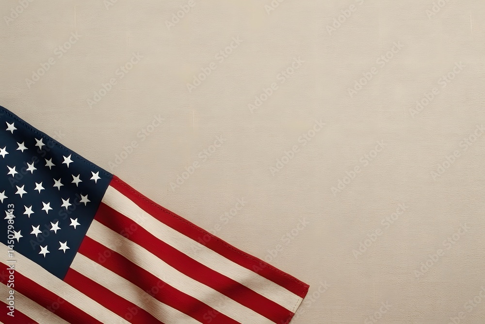 Obraz premium American flag placed on neutral background, Memorial Day patriotic imagery, honoring heroes and commemorating military bravery, USA symbolic national pride concept. Copy Space.
