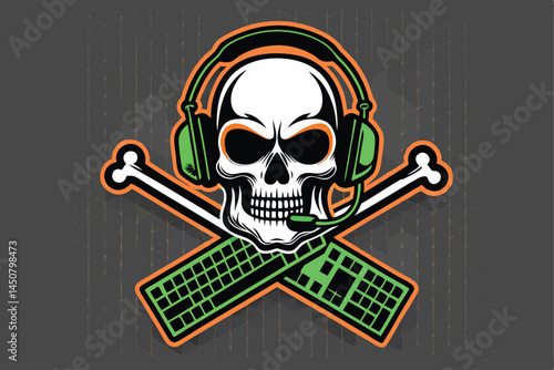 A skull wearing a gaming headset, crossed with a keyboard, vibrant, dark background, detailed, digital art.