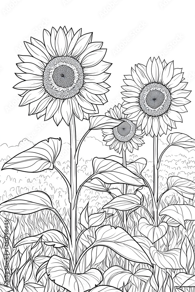 Sunflowers growing in a field with detailed outlines Generative AI Sunflowers growing in a field with detailed outlines Generative AI