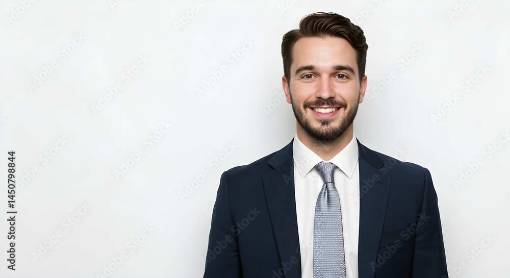 A confident businessman in a sharp suit and tie, smiling warmly against a clean white background. A confident businessman in a sharp suit and tie, smiling warmly against a clean white background.