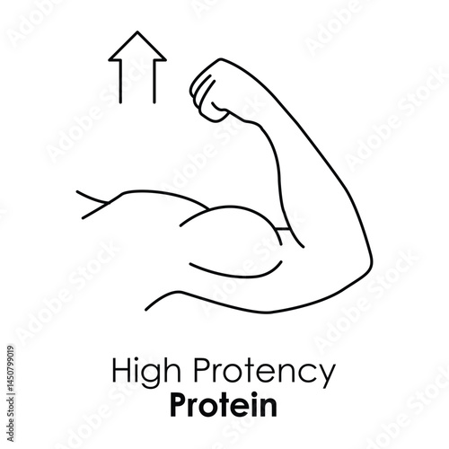 Vector icon for high potency protein. Displays a muscular arm with upward arrows, representing strength, fitness, and muscle-building benefits.