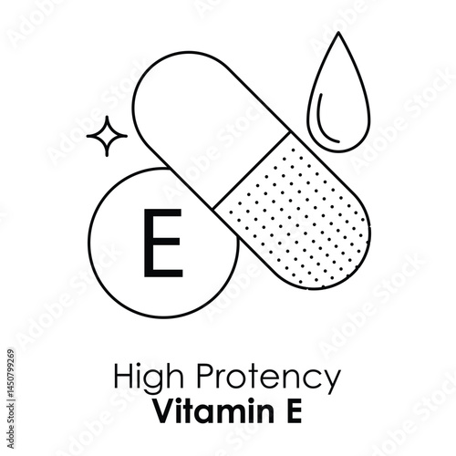 Vector icon for high potency Vitamin E. Features a capsule with a droplet and sparkle, symbolizing health and antioxidant properties.