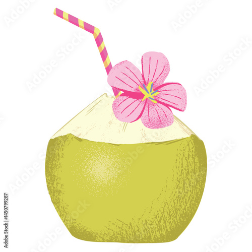 Coconut Drink with Straw. Tropical Summer Beverage Vector