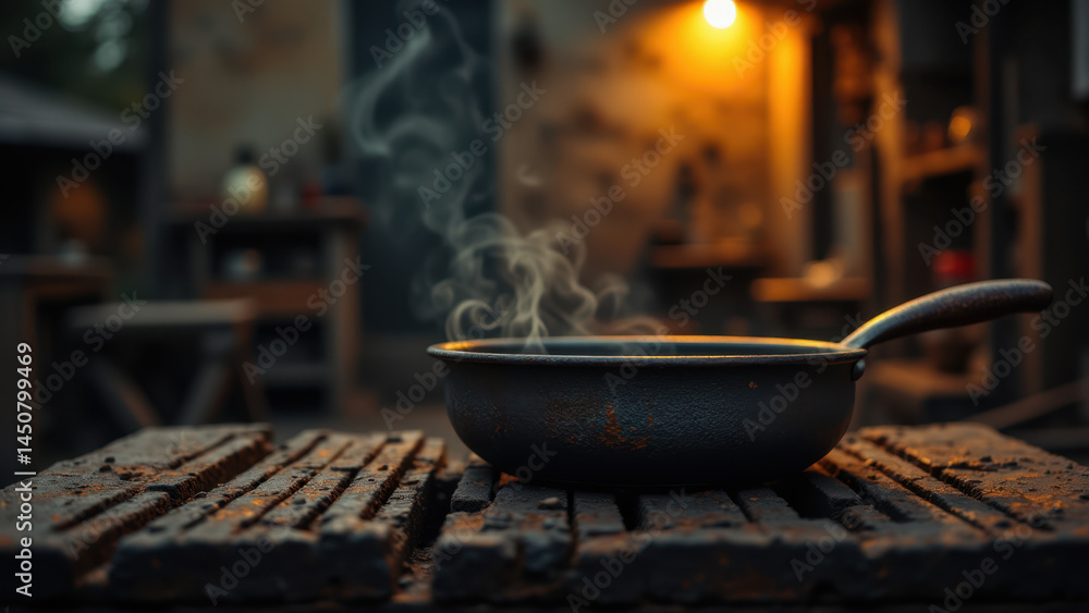 A rustic wooden table with two old-fashioned cast iron skillets, one emitting steam, set against a backdrop of dimly lit wooden interior. A rustic wooden table with two old-fashioned cast iron skillets, one emitting steam, set against a backdrop of dimly lit wooden interior.