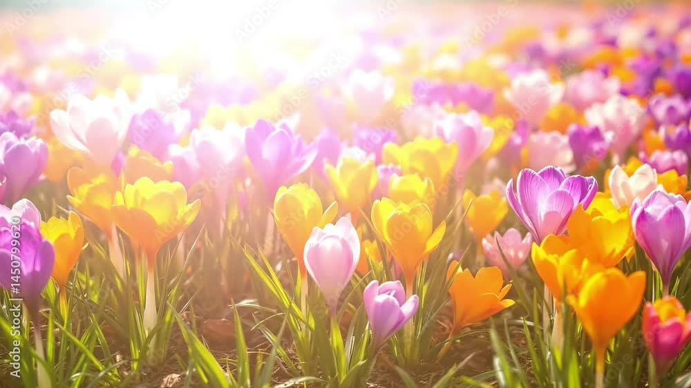 Vibrant crocus flowers in a spring meadow bathed in sunlight A beautiful, springtime scene of a field full of colorful crocus flowers. Vibrant crocus flowers in a spring meadow bathed in sunlight A beautiful, springtime scene of a field full of colorful crocus flowers.
