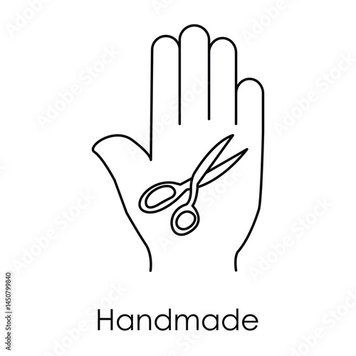 Vector icon for handmade crafts. Features a hand holding scissors symbolizing creativity and artisanal crafting.