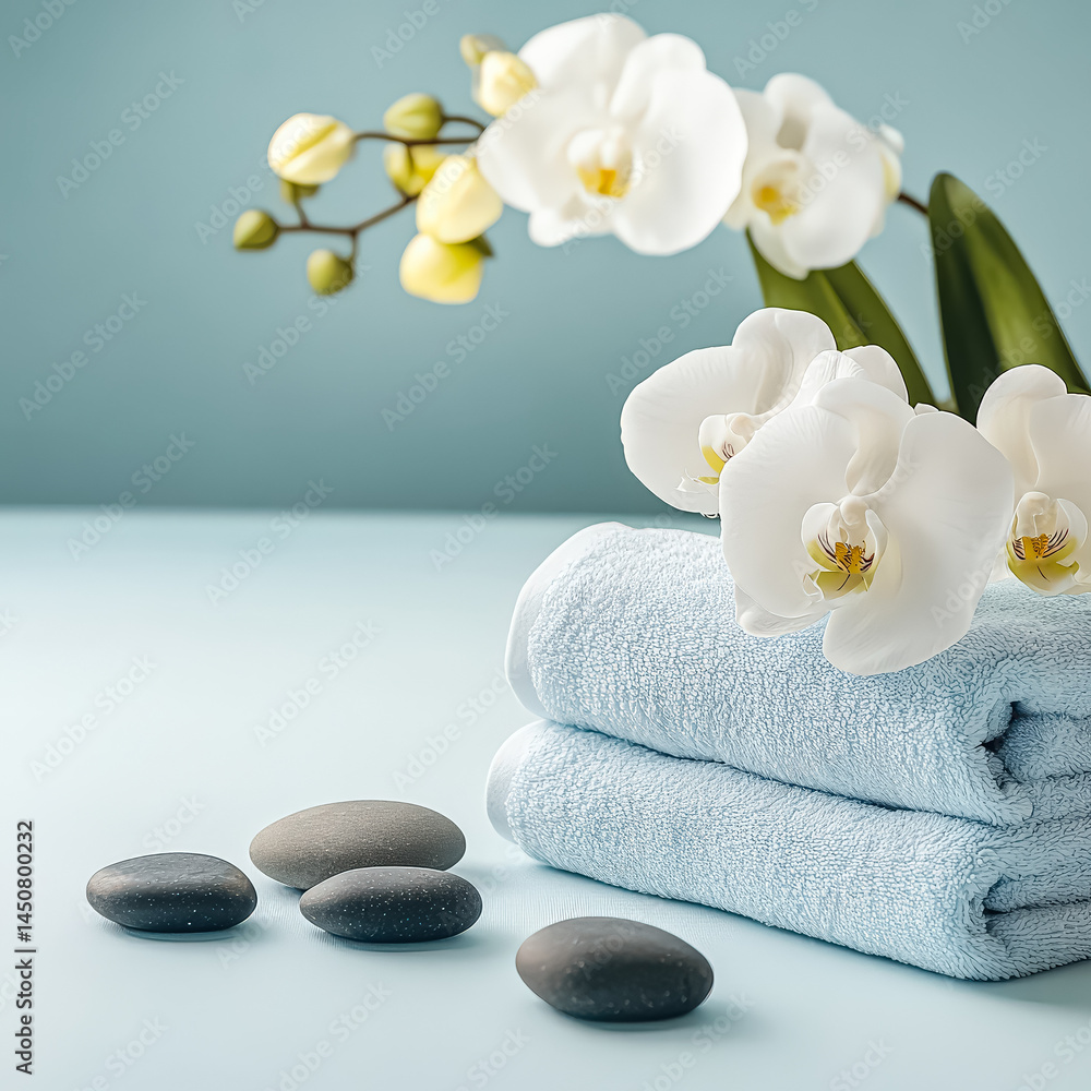 Stack of blue towels and a vase of white flowers Stack of blue towels and a vase of white flowers