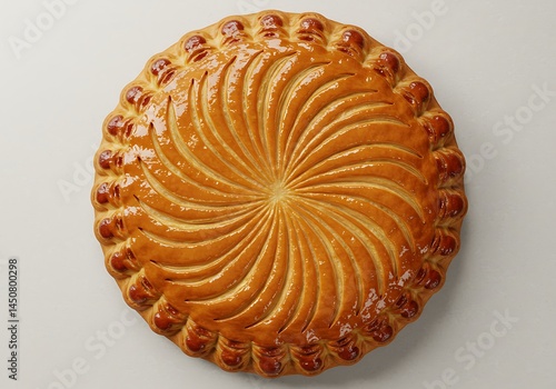 Overhead view of a galette des rois with a swirl pattern on a white background surface top view
