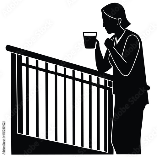Silhouette of Woman Drinking Beverage by Balcony Railing, Black and White Art