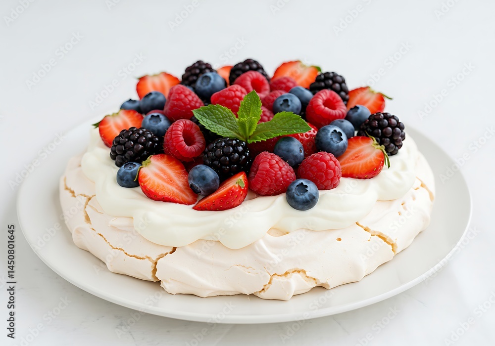 A pavlova cake topped with fresh berries and mint leaves on a white plate against a white background A pavlova cake topped with fresh berries and mint leaves on a white plate against a white background