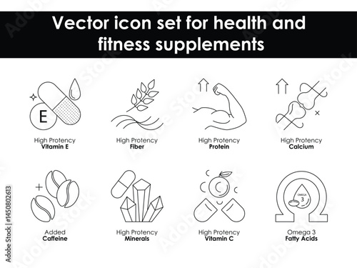 Vector icon set for health and fitness supplements. Highlights high-potency vitamins, minerals, antioxidants, and nutrients for improved energy and wellness.