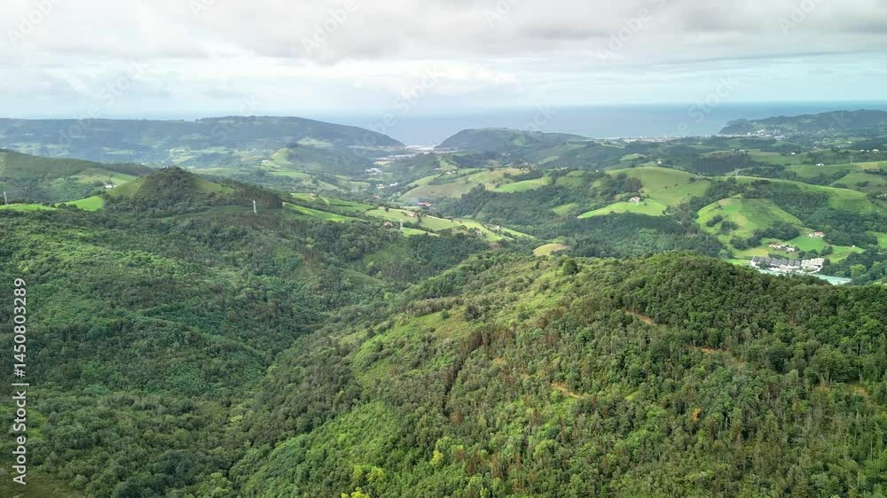A breathtaking aerial view showcases the lush green hills and a picturesque ocean lying beneath a clear sky A breathtaking aerial view showcases the lush green hills and a picturesque ocean lying beneath a clear sky