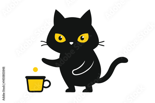 A cute cartoon black cat is putting a coin into a yellow mug