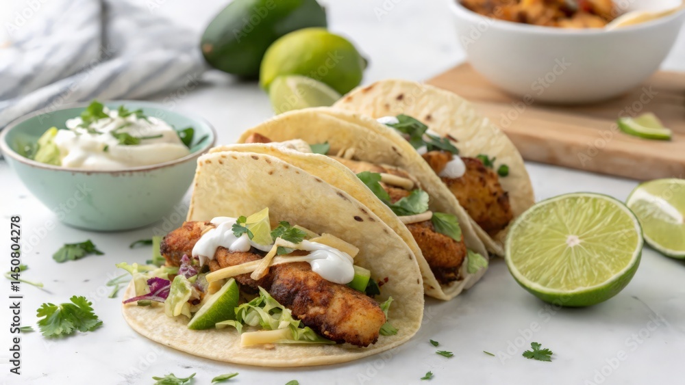 Crispy Fish Tacos with Avocado, Cilantro, and Drizzled Cream Sauce on White Marble
Crispy Fish Tacos with Avocado, Cilantro, and Drizzled Cream Sauce on White Marble