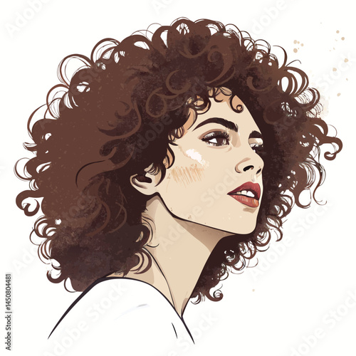 A minimalist brushstroke portrait of a woman with voluminous, curly hair.  Emphasis on texture and form.