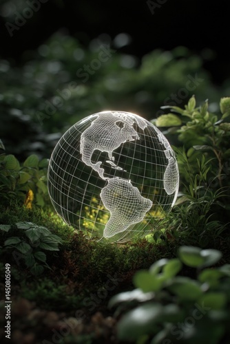 Glass globe nestled in lush green foliage. Concept for sustainability, ecology