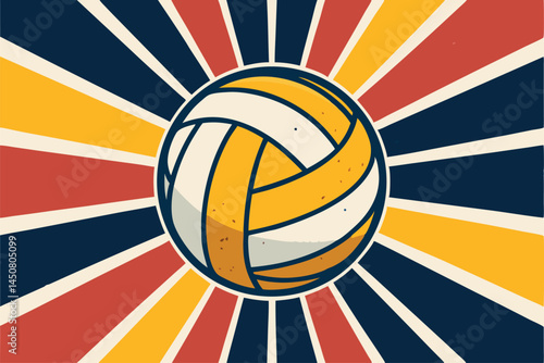 Create a retro-styled vector illustration of a volleyball with bold, black outlines, emphasizing a vintage aesthetic. Include shading and a single, prominent highlight.
