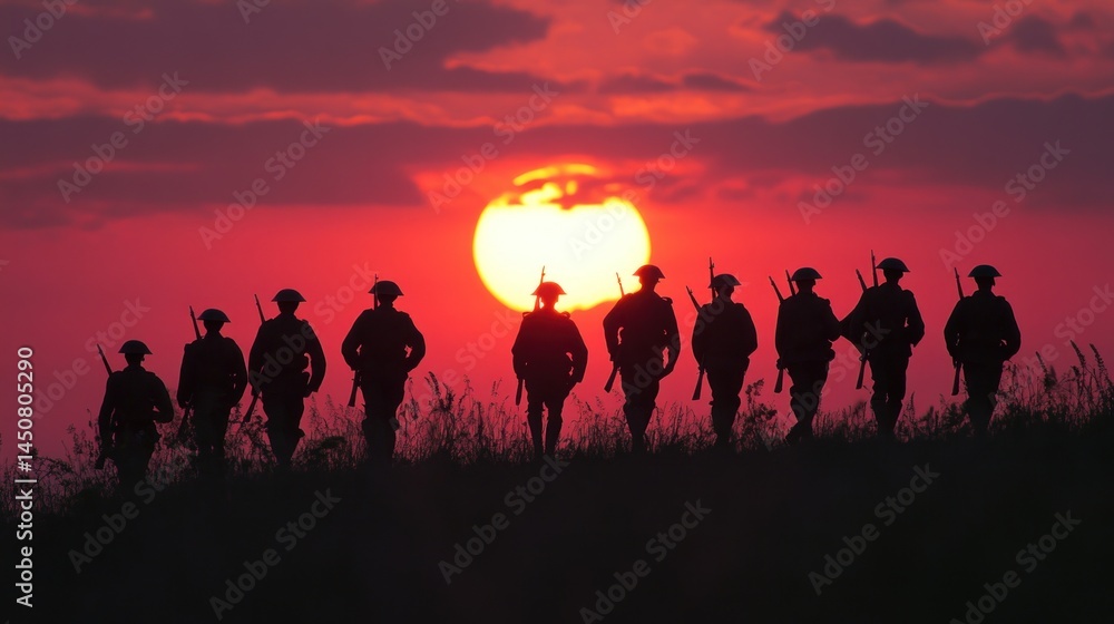 Silhouetted soldiers march at sunset. Silhouetted soldiers march at sunset.