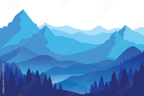 A scenic mountain range receding into the distance showcases layers of blue color and pine forests