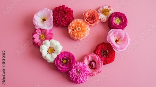 Wallpaper Mural Colorful flower heart with peony, rose, and ranunculus on pink background Torontodigital.ca