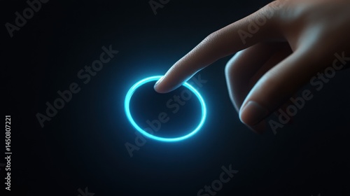 Fingertip about to touch a glowing blue circular interface.
