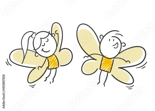 Strichfiguren / Strichmännchen / Stick Figures: Kinder, Schmetterlinge, Freiheit, fliegen, Frühling. (Nr. 847)