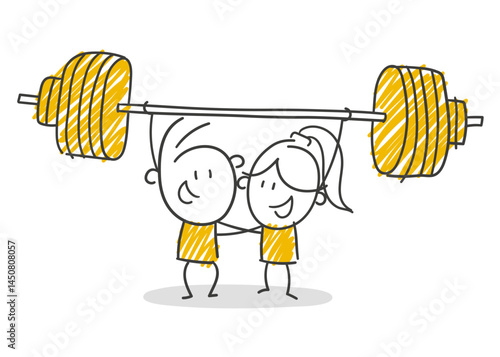 Strichfiguren / Strichmännchen / Stick Figures: Gewicht, stark, Kraft, Gewichtheben, Teamwork. (Nr. 849)