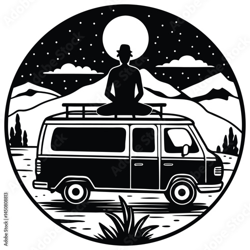 Van Life Silhouette: Meditating Figure on Van Roof Under Night Sky Circle Design