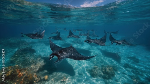 Wallpaper Mural Group of manta rays swimming gracefully in crystal-clear ocean water above coral reefs captured from underwater ideal for marine biology themes, diving visuals and ocean conservation use Torontodigital.ca