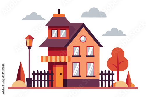 An orange twostory house with a lamp post stands beside a fence and tree