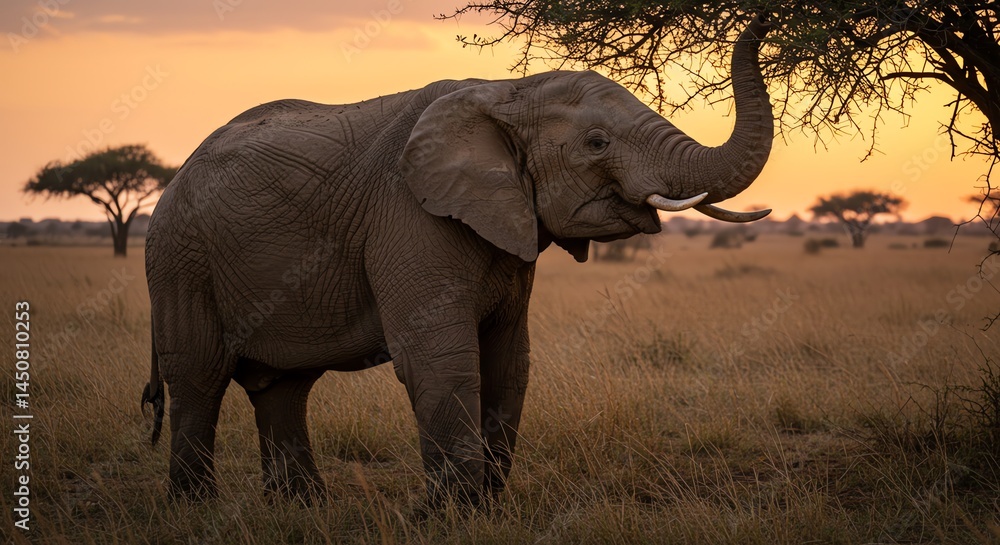 Naklejka premium Elephant Eating From Tree at Sunset