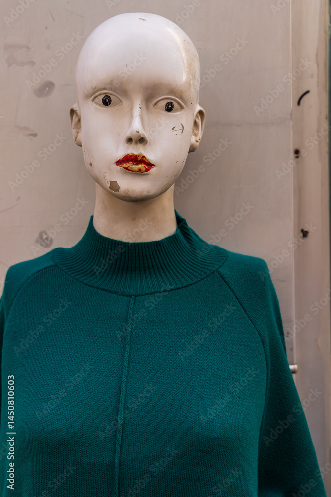 Rough looking mannequin in a green turtleneck sweater.