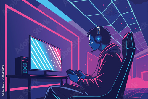 Create a vibrant vector illustration of a gamer engrossed in a game, seated in a room illuminated by RGB lighting.  Focus on the gamer's posture and the dynamic RGB effects.