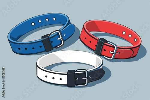 Design a vibrant vector background showcasing a variety of smart dog collars, emphasizing technological features and playful dog breeds. Include diverse collar styles and colors.