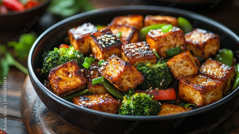 Crispy tofu stir-fry with vegetables. Served in a bowl, featuring cubes of browned tofu, mixed with broccoli, snow peas, and bell peppers. Topped with sesame seeds Crispy tofu stir-fry with vegetables. Served in a bowl, featuring cubes of browned tofu, mixed with broccoli, snow peas, and bell peppers. Topped with sesame seeds