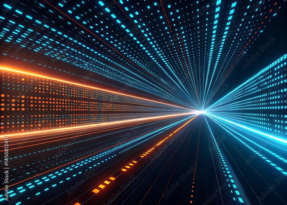 Fototapeta premium Data flow abstract visualization. A long, bright blue and orange line of dots. The blue and orange lines are connected and the dots are scattered throughout the image.