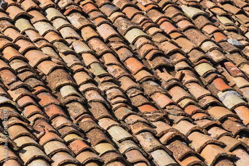 Traditional red tile roof in a village in northern Albania.