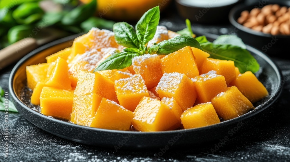 Cubed Mango with powdered sugar and basil Cubed Mango with powdered sugar and basil